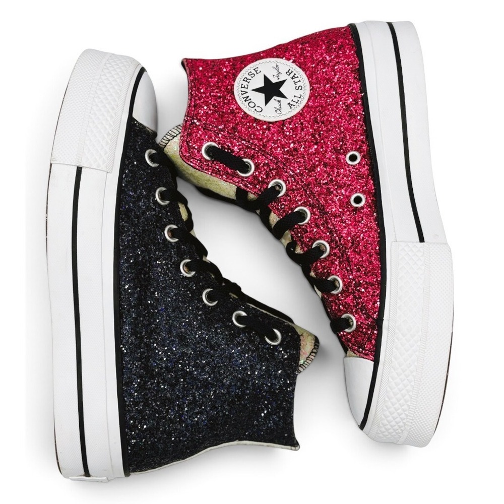 Converse CTAS Lift High Top By You Women's 7.5 Black Pink Glitter Platform Shoes - Picture 4 of 10